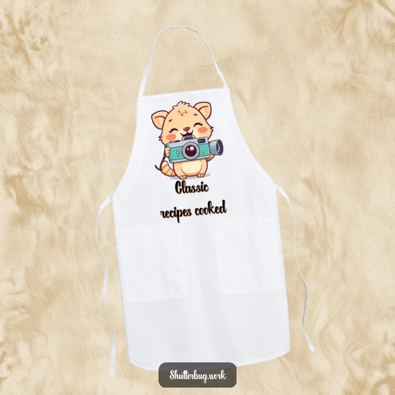 Funny playful animal with a wide smile holding a vintage camera, featured on a functional apron, bringing retro flair to cooking.