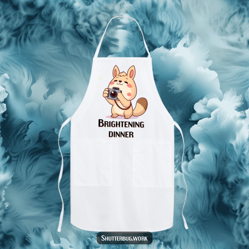 Funny excited animal pointing a camera towards a twinkling light, featured on a functional apron, bringing pursuit and flair to cooking.