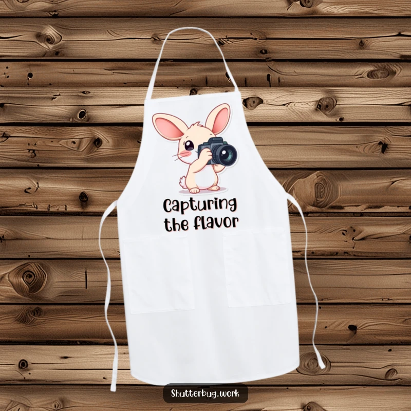 Funny Apron featuring a rabbit with large ears holding a camera, ideal for kitchen duties and capturing food photography moments with charm.