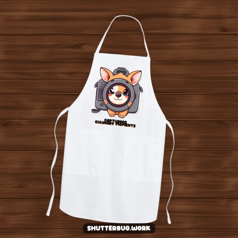 Funny curious animal peeking through a camera lens, featured on a durable apron, ready for kitchen adventures and culinary creations.