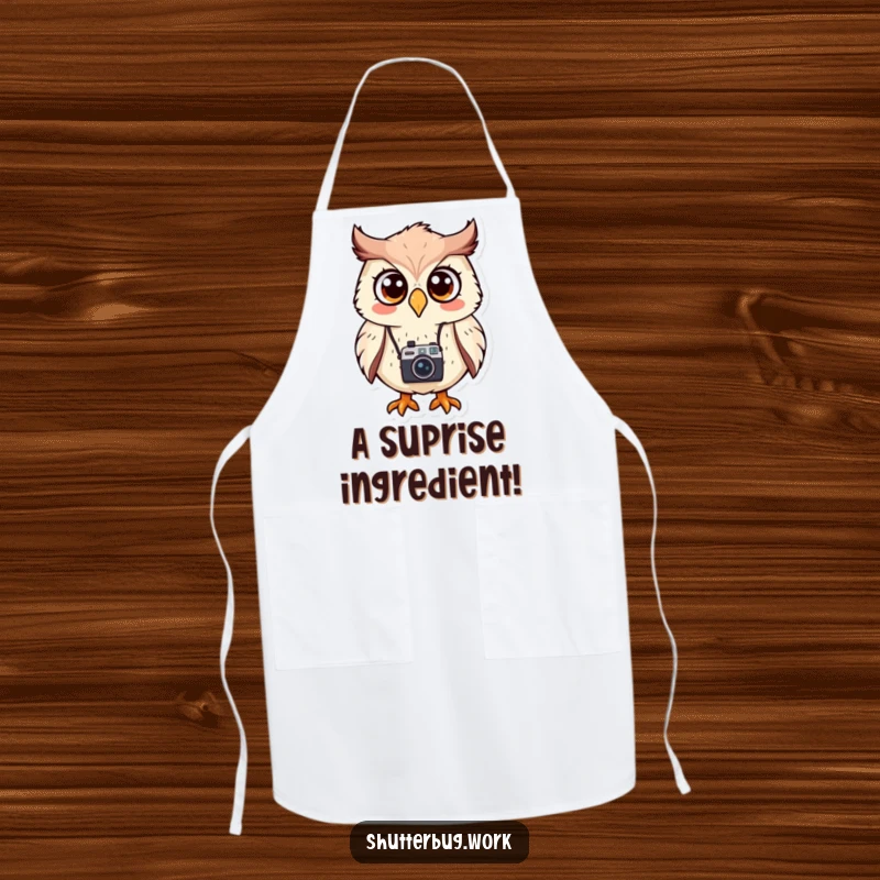 Funny Apron featuring a surprised owl wearing a camera, ready to 'capture' delicious meals while adding a humorous touch to kitchen activities.