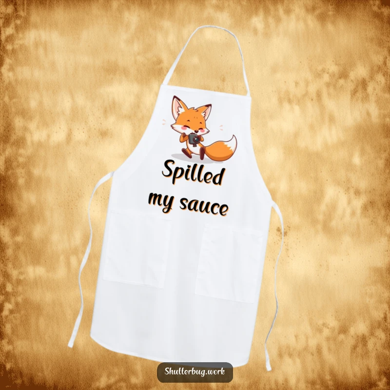 Funny Apron featuring a fox character tripping while trying to capture a culinary moment, designed to add humor to kitchen activities.