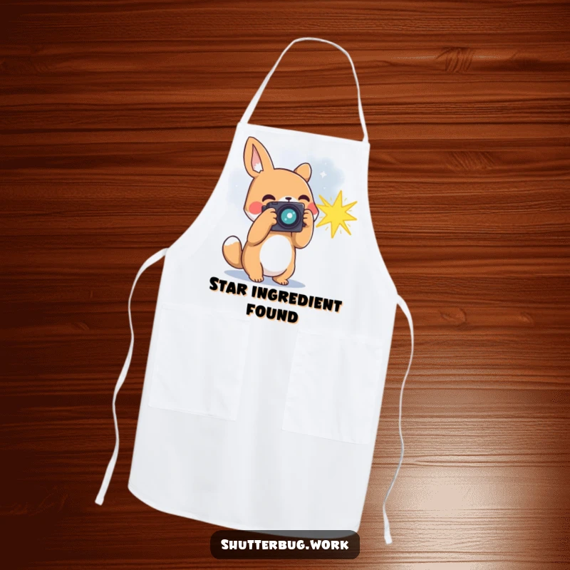 Funny animal photographer capturing a bursting star with its camera, featured on a functional apron, bringing cosmic flair to cooking.