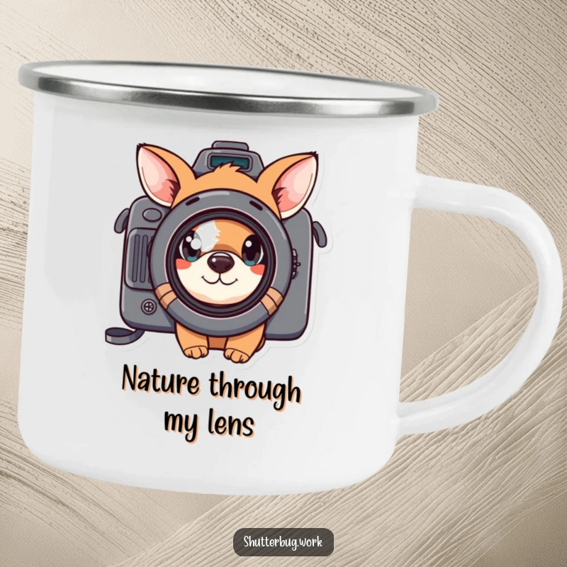 Funny curious animal peeking through a camera lens, decorating a rugged camping mug, perfect for outdoor enthusiasts and photographers.