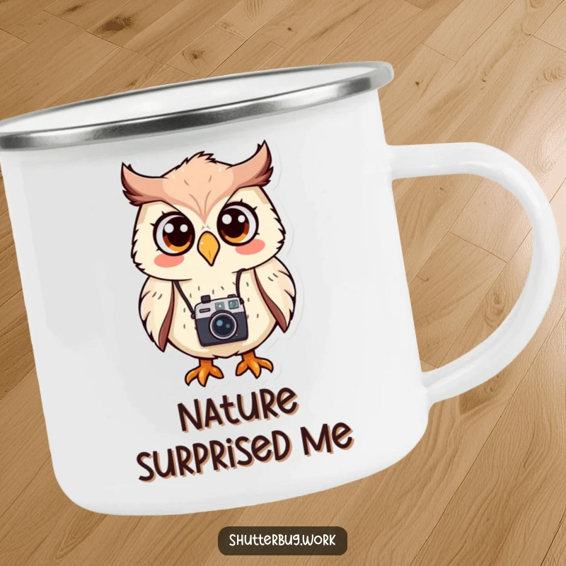 Funny Camping Mug featuring a surprised owl with a camera, designed for rugged adventures and capturing memorable (and funny) moments outdoors.
