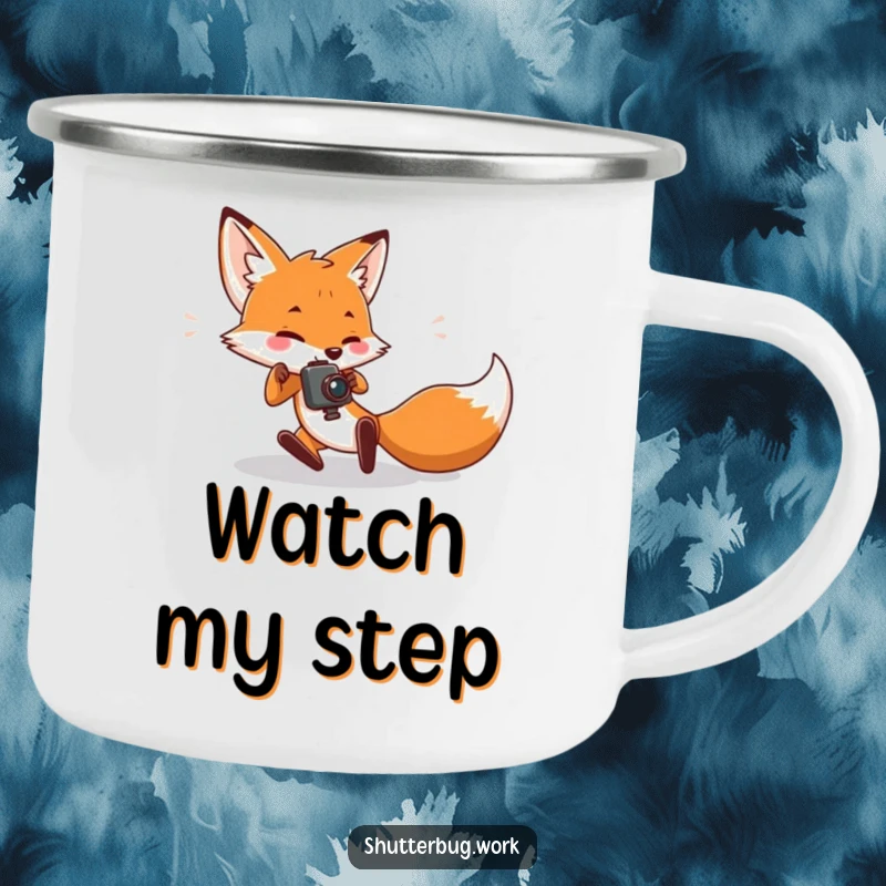 Funny Camping Mug featuring a fox character tripping while trying to take a picture, designed for outdoor adventures and capturing moments with humor.