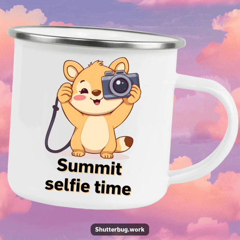 Funny joyful animal holding a large cartoonish camera aloft, decorating a rugged camping mug, perfect for outdoor enthusiasts and happy snappers.