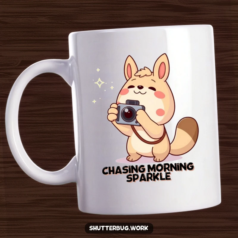 Funny excited animal pointing a camera towards a twinkling light, symbolizing anticipation and photographic pursuit on a ceramic mug.