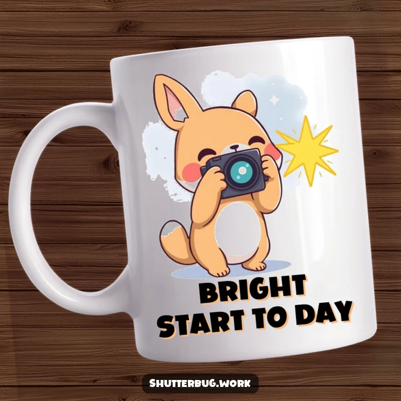 Funny animal photographer capturing a bursting star with its camera, symbolizing cosmic wonder and photographic passion on a ceramic mug.