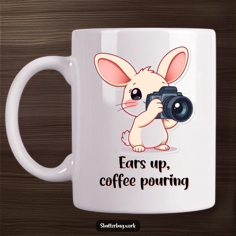 Funny Mug featuring a rabbit character with comically oversized ears, holding a large camera, ready to capture life’s moments with a cheerful spirit.