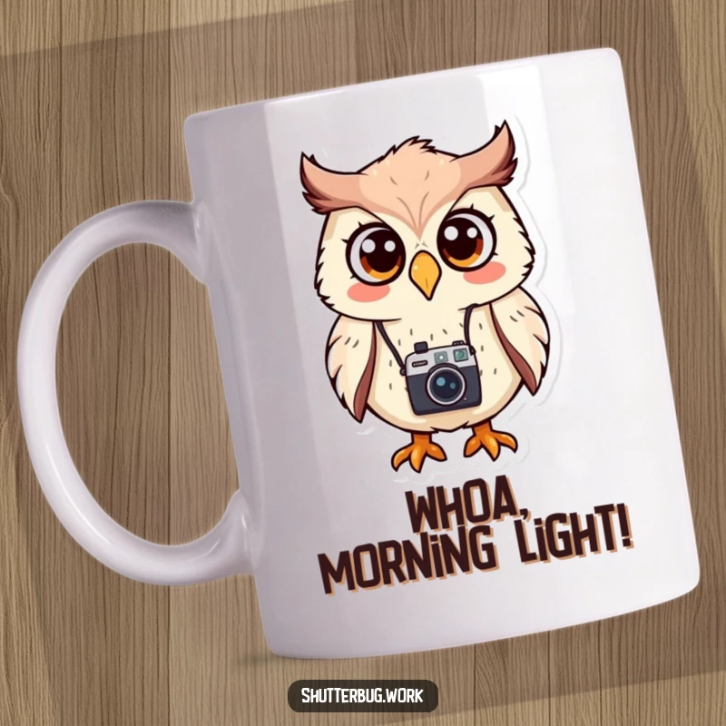 Funny Mug featuring a stylized owl with a tiny camera, eyes wide in surprise, capturing an unexpected moment with humor.