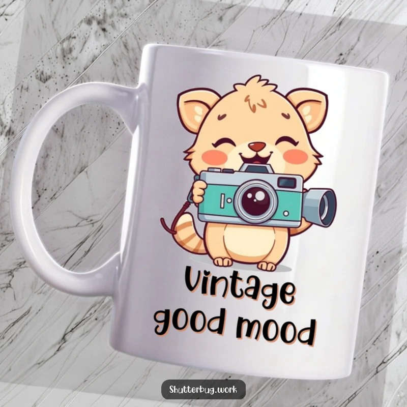 Funny playful animal with a wide smile holding a vintage camera, radiating joy and a love for classic photography on a ceramic mug.