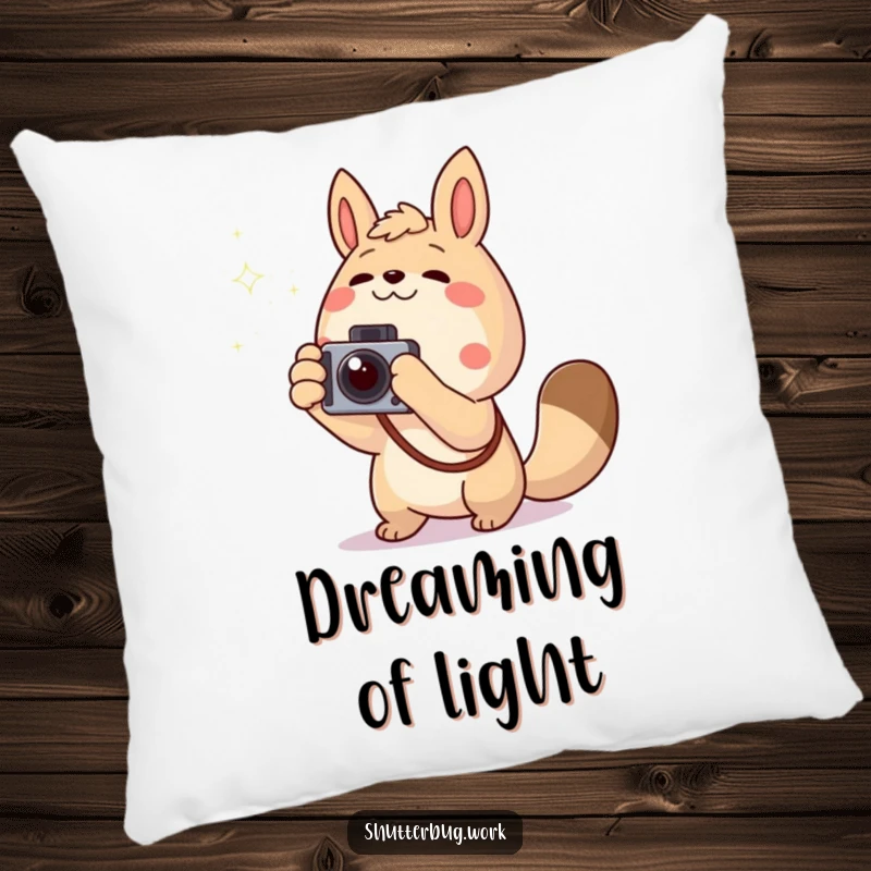 Funny excited animal pointing a camera towards a twinkling light, designed on a soft pillow, offering cozy comfort and photographic dreams.