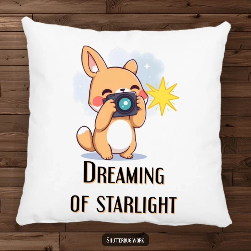 Funny animal photographer capturing a bursting star with its camera, designed on a soft pillow, offering cozy comfort and cosmic dreams.