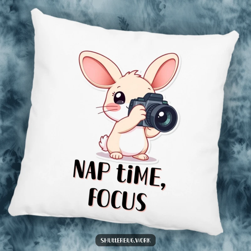 Funny Pillow featuring a rabbit character with oversized ears holding a large camera, designed for comfort and to celebrate a love for photography.