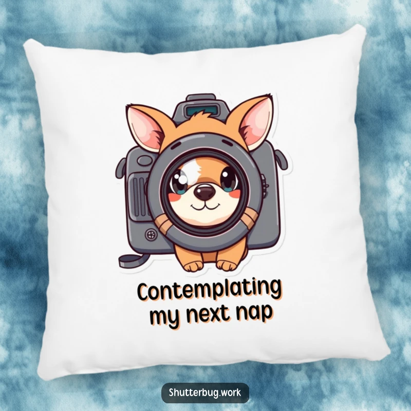 Funny curious animal peeking through a camera lens, designed on a soft pillow, bringing cozy humor and artistic flair to your home.