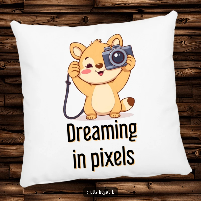 Funny joyful animal holding a large cartoonish camera aloft, designed on a soft pillow, offering cozy comfort and photographic cheer.