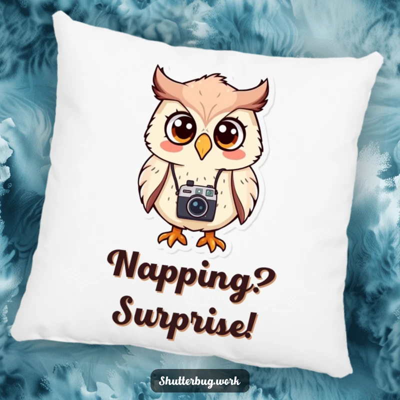 Funny Pillow featuring a surprised owl character with a small camera around its neck, designed for comfort and a touch of photographic humor.