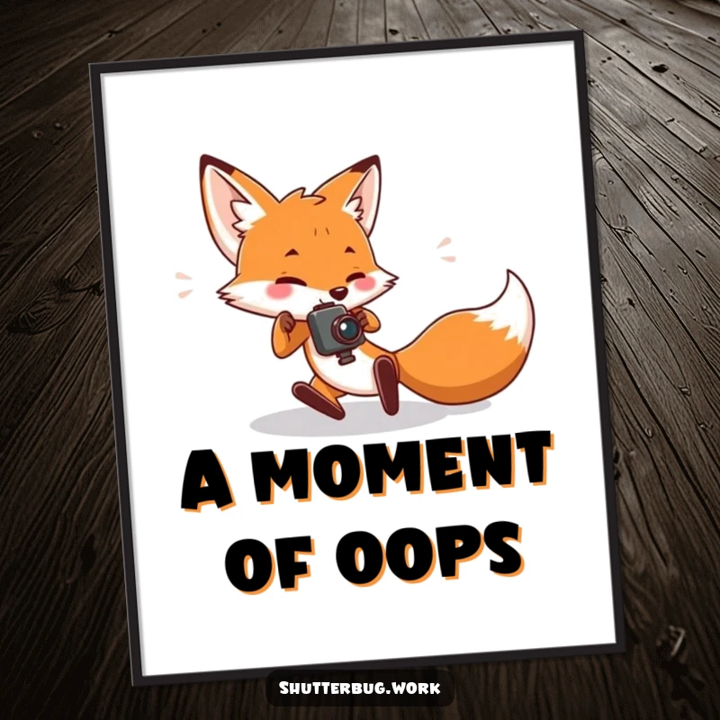 Funny Digital Art Print of a fox character comically tripping while holding a camera, capturing the humorous pursuit of the perfect shot for decor.