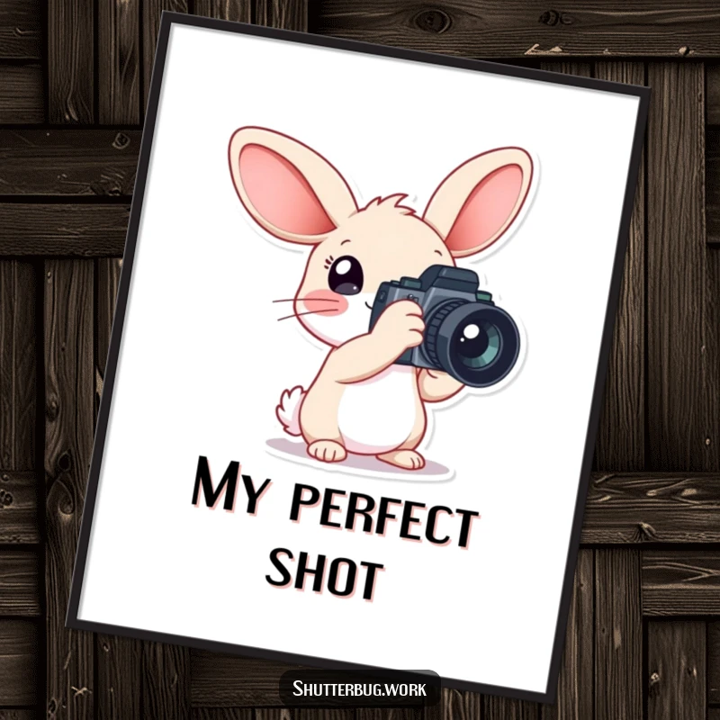 Funny Digital Art Print of a rabbit character with large ears holding a camera, symbolizing a love for photography and adding cute, humorous decor.
