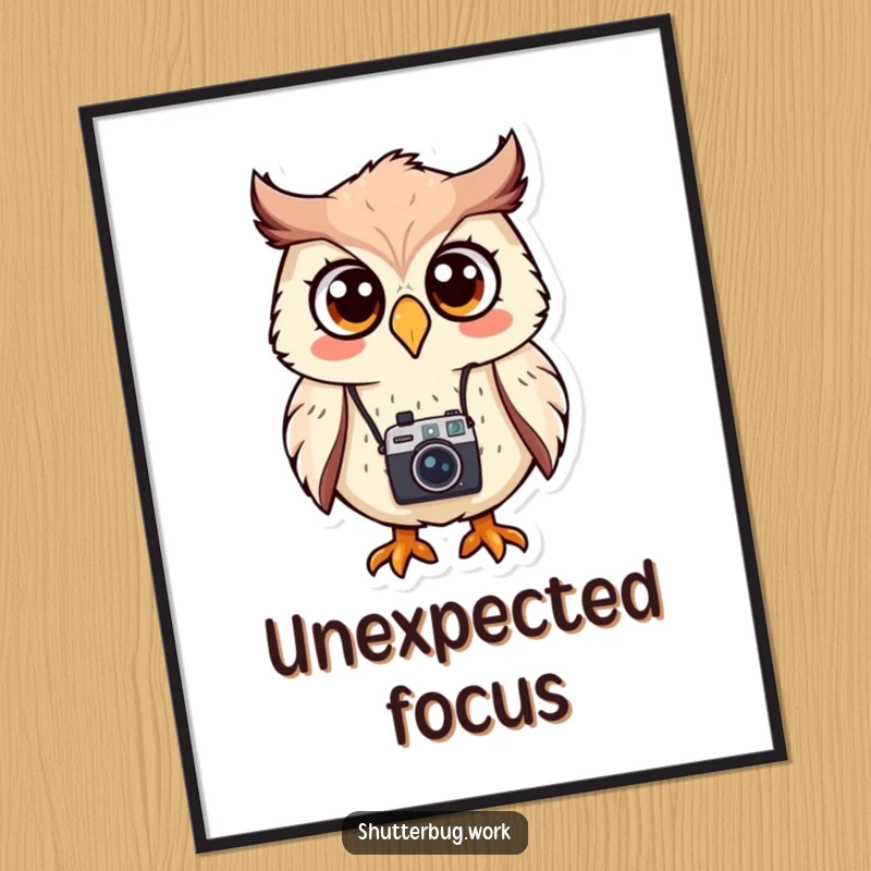 Funny Digital Art Print of a stylized owl character wearing a camera, looking hilariously surprised, ideal for humorous and photographic wall decor.