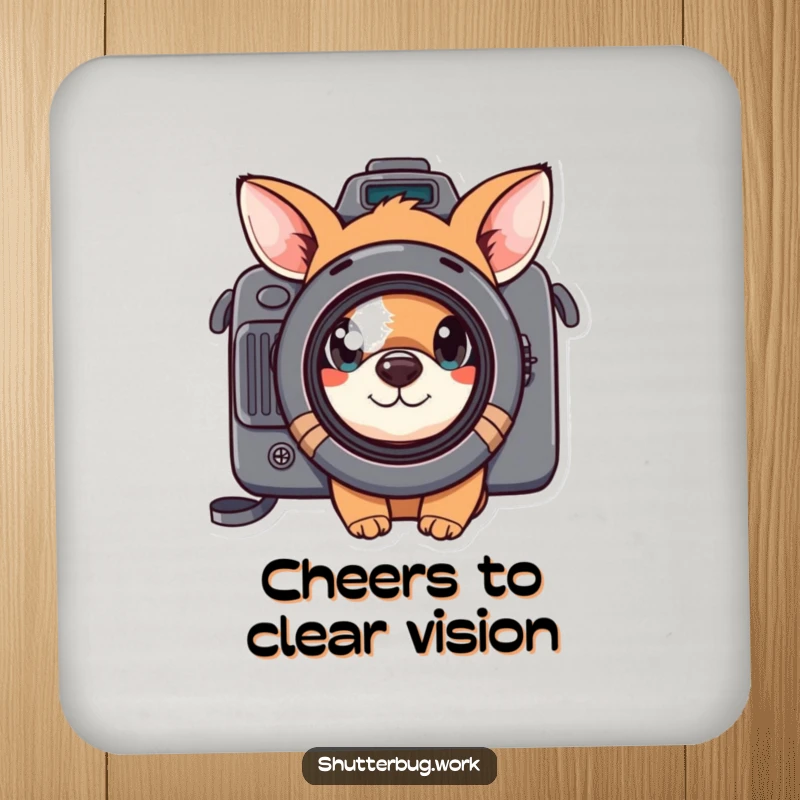 Funny curious animal peeking through a camera lens, protecting surfaces on a decorative drink coaster, adding humor to home decor.