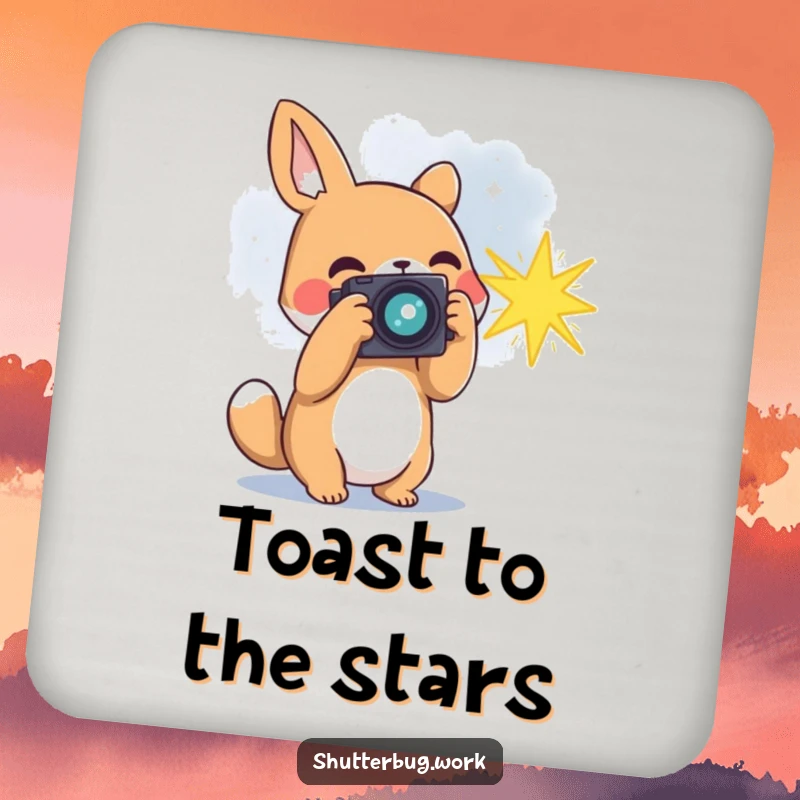 Funny animal photographer capturing a bursting star with its camera, protecting surfaces on a decorative drink coaster, adding cosmic humor.