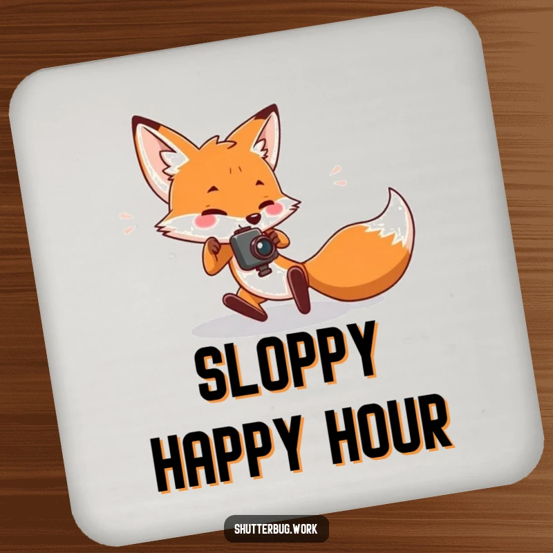 Funny Coasters featuring a fox character comically tripping while holding a camera, designed to protect surfaces with a humorous nod to photographic mishaps.