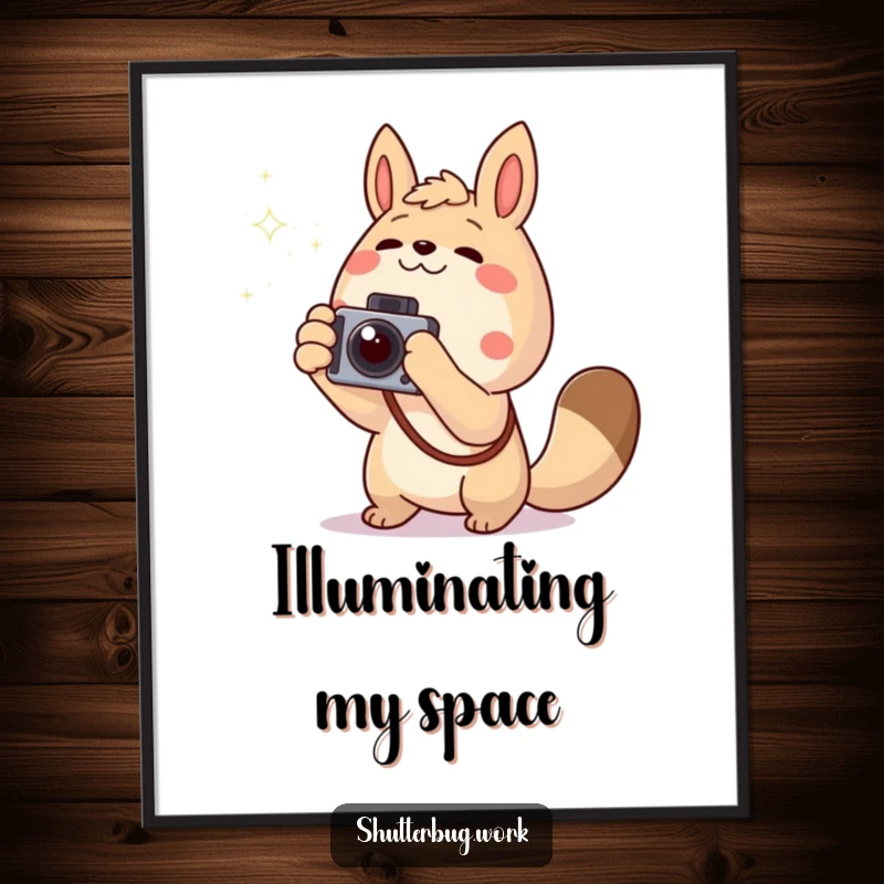 Funny excited animal pointing a camera towards a twinkling light, displayed as vibrant wall art, bringing pursuit and humor to your space.