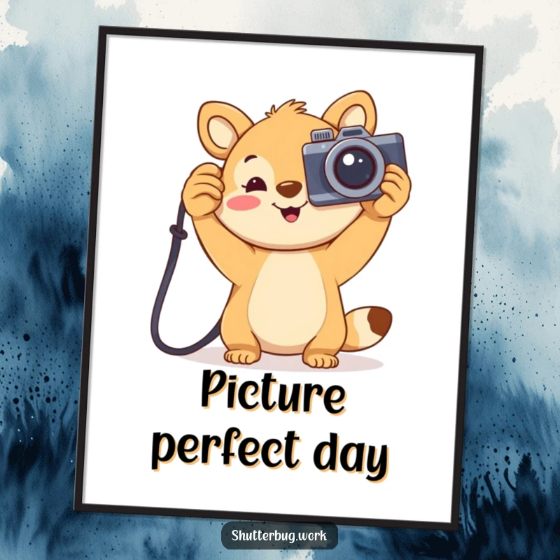 Funny joyful animal holding a large cartoonish camera aloft, depicted as inspiring wall art, bringing vibrant energy and humor to any room.