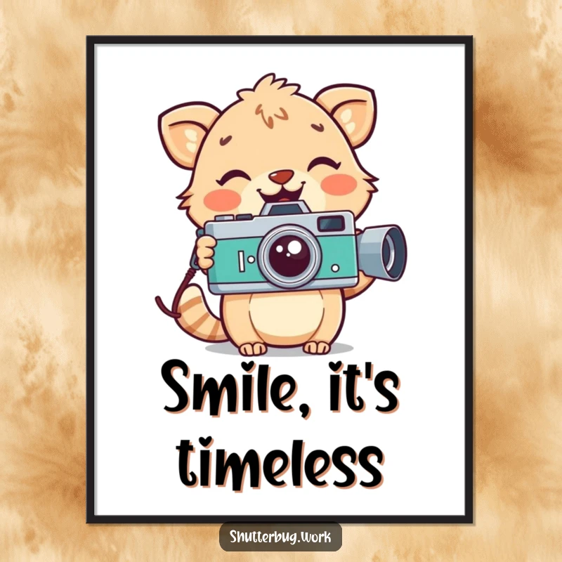 Funny playful animal with a wide smile holding a vintage camera, displayed as charming wall art, adding retro humor and personality.