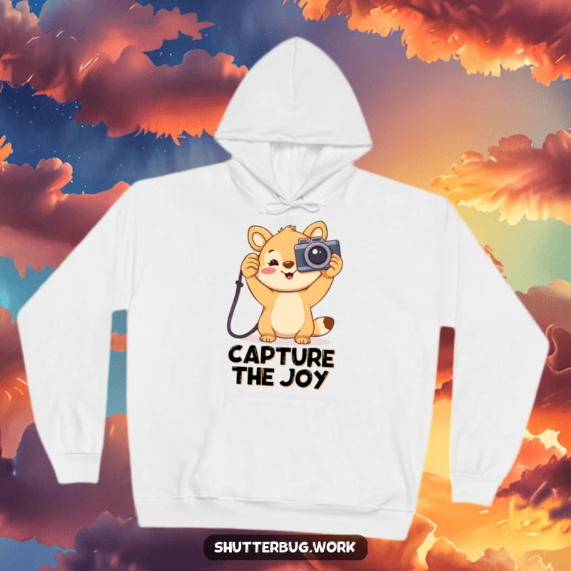Funny joyful animal holding a large cartoonish camera aloft, featured on a soft hoodie, radiating warmth and photographic passion.