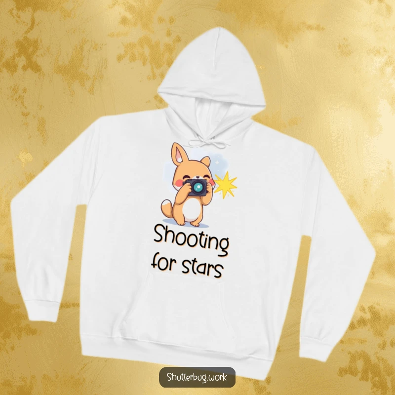 Funny animal photographer capturing a bursting star with its camera, featured on a soft hoodie, perfect for cosmic contemplation.