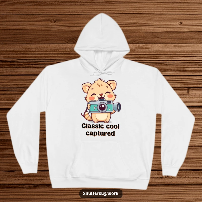 Funny playful animal with a wide smile holding a vintage camera, featured on a soft hoodie, perfect for cozy retro vibes.