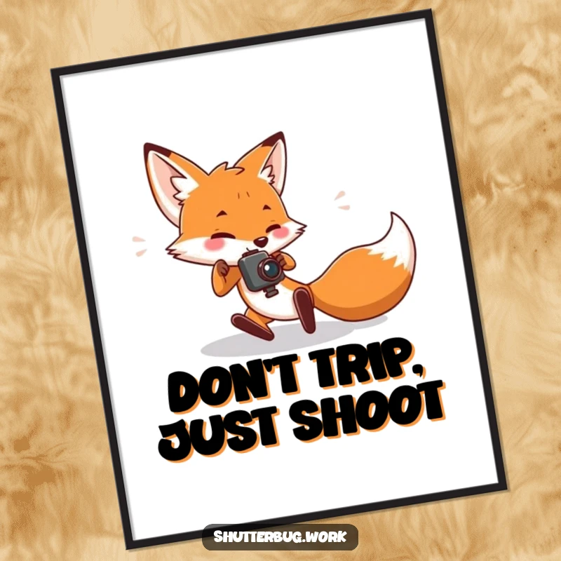 Funny Free Printable Wall Art: A fox humorously trips while trying to get the perfect photographic shot.