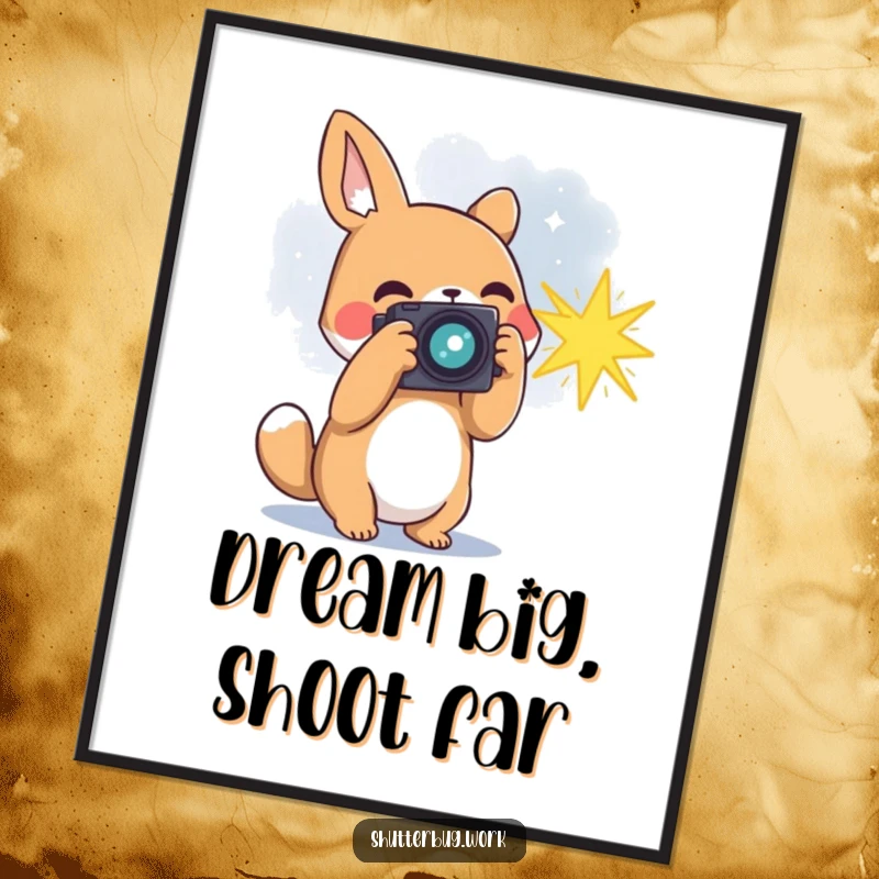 Funny Free Printable Wall Art: Animal character using a camera to capture a vibrant, bursting star. Downloadable and magical.