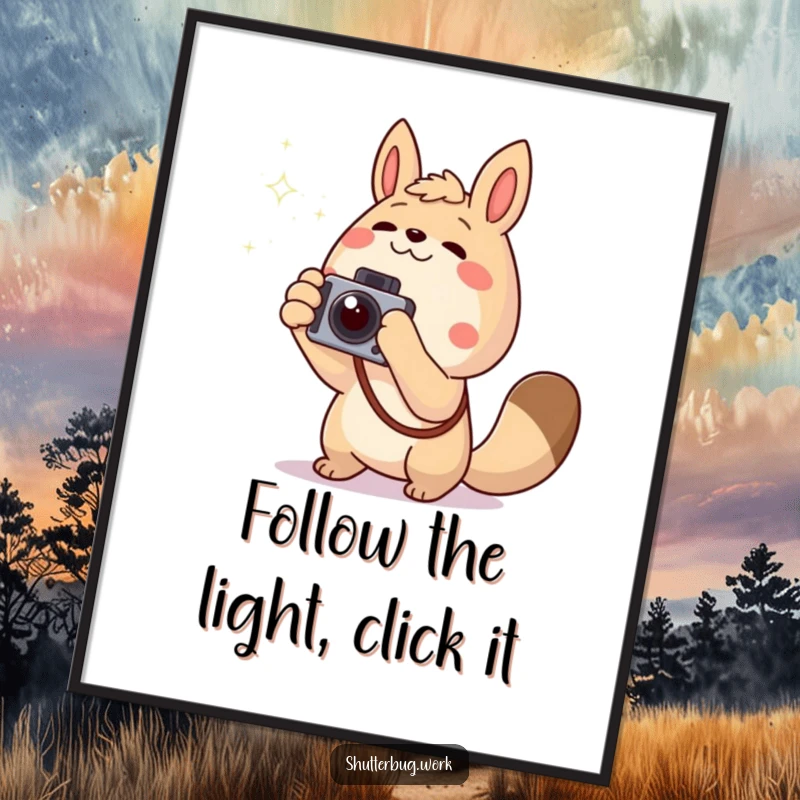 Funny Free Printable Wall Art: An excited animal character excitedly points a camera towards a twinkling light. Downloadable and whimsical.