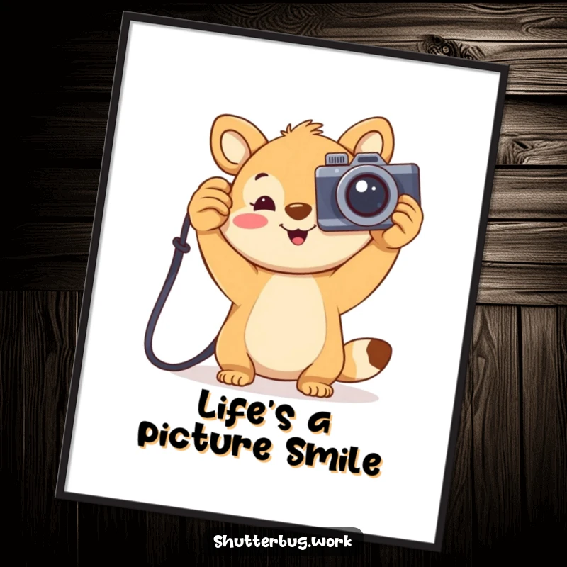 Funny Free Printable Wall Art: Joyful animal holding a large cartoonish camera up high, a cheerful and humorous piece.