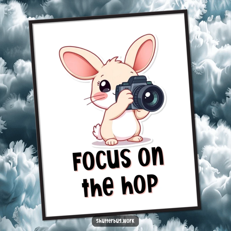 Funny Free Printable Wall Art: A rabbit with comically large ears proudly poses with a giant camera.