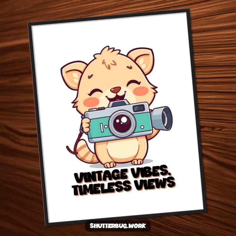 Funny Free Printable Wall Art: A playful animal with a huge smile holds a vintage camera, adding humor and charm. Downloadable.