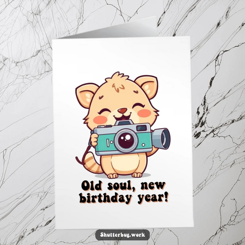 Funny Free Printable Birthday Card: Playful animal with a wide smile holds a vintage camera, ready to capture birthday fun. Downloadable.