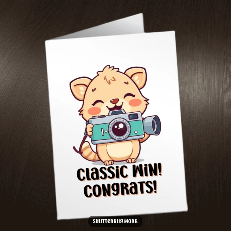 Funny Free Printable Congrats Card: Playful animal smiles widely while holding a vintage camera, celebrating achievements. Downloadable and charming.