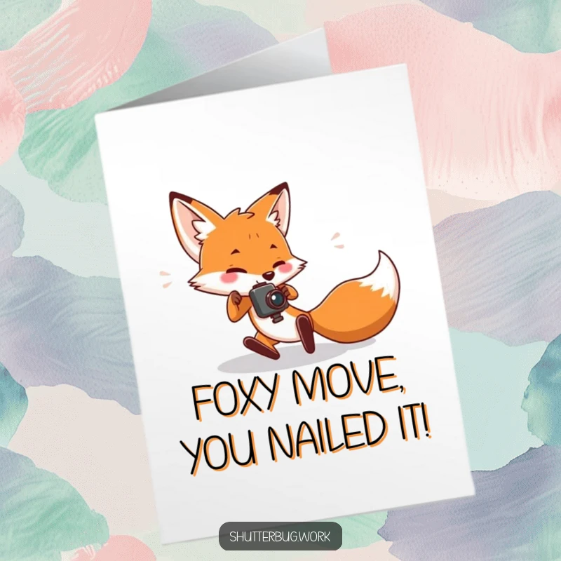 Funny Free Printable Congratulations Card: A fox comically trips while trying to capture the celebratory moment.