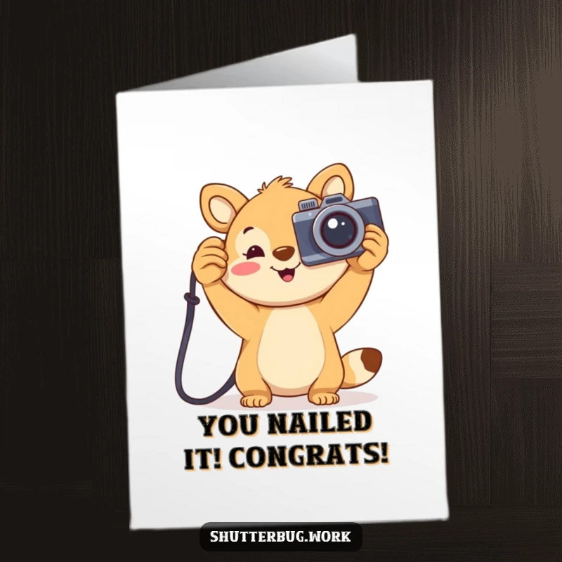 Funny Free Printable Congrats Card: Joyful animal holds a large camera aloft, celebrating success. Downloadable and congratulatory.