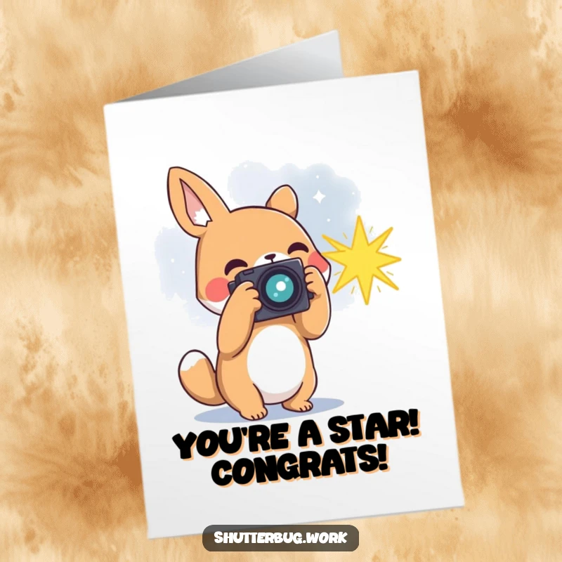 Funny Free Printable Congrats Card: Animal uses camera to capture a bursting star, symbolizing brilliant success. Downloadable and exciting.