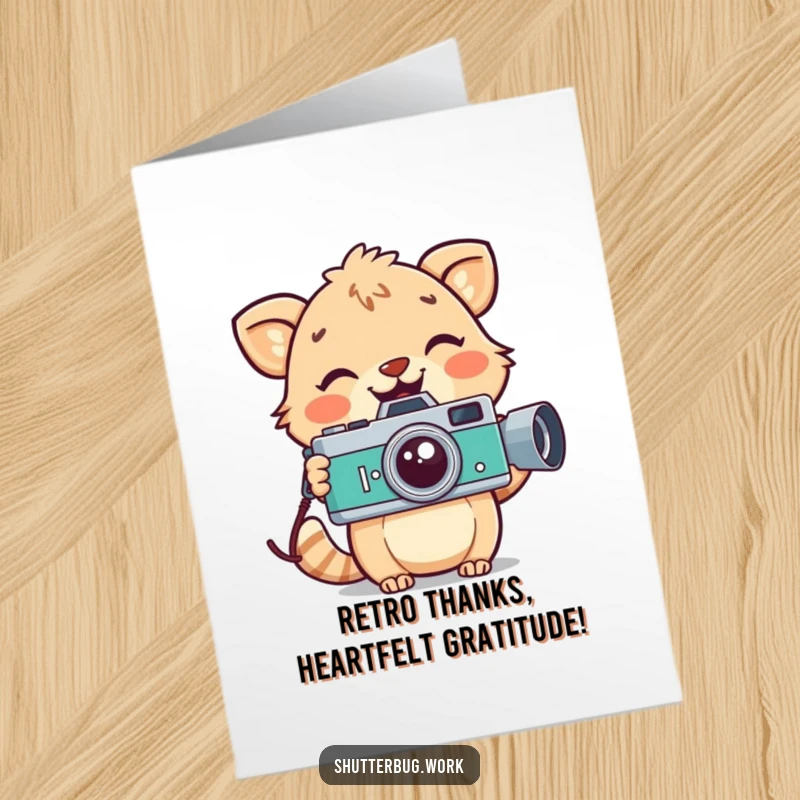 Funny Free Printable Thank You Card: Playful animal with a big smile holds a vintage camera, a humorous thank you. Downloadable.