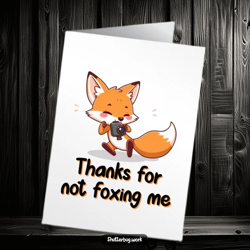 Funny Free Printable Thank You Card: A fox comically trips while holding a camera, expressing thanks.
