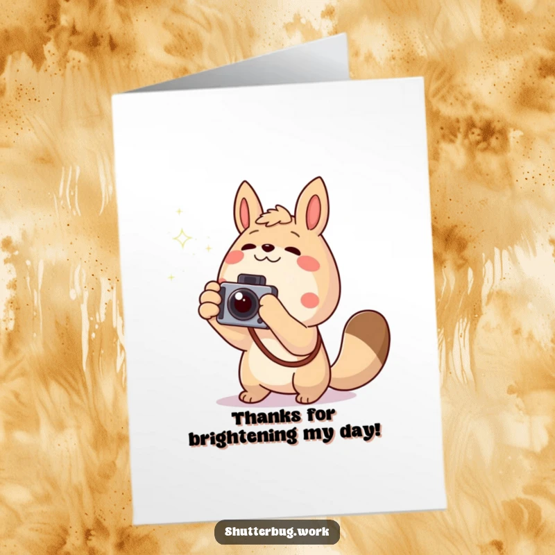 Funny Free Printable Thank You Card: Excited animal points camera at a twinkling light, a funny and radiant thank you. Downloadable.