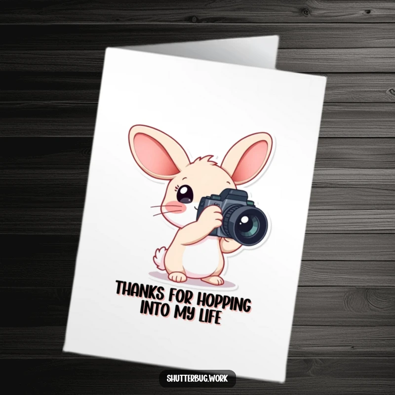 Funny Free Printable Thank You Card: A rabbit with oversized ears holds a huge camera, ready to capture your gratitude.
