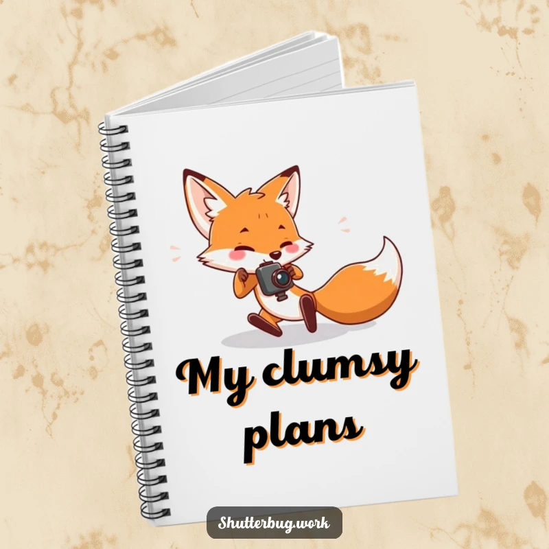 Funny Notebook featuring a fox character tripping while holding a camera, perfect for jotting down photography notes, ideas, or comical life events.